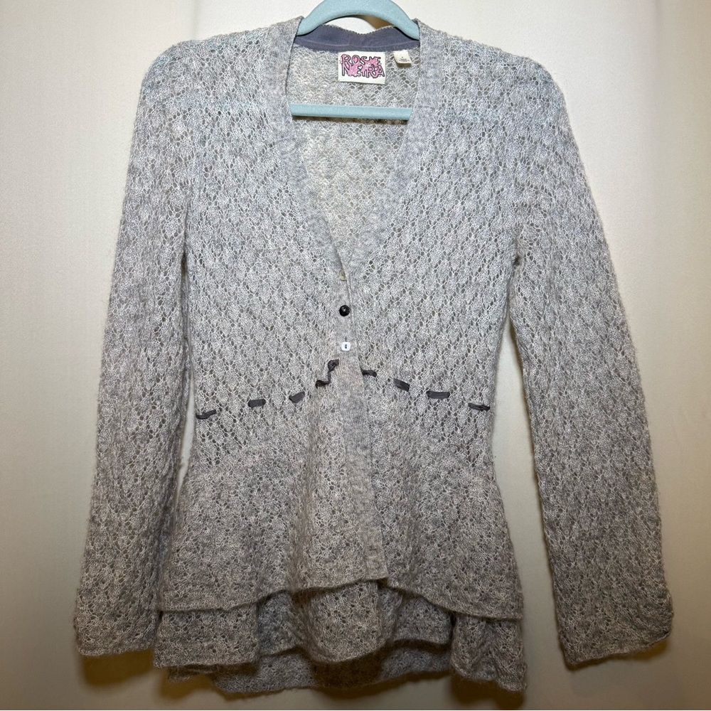 Anthropologie Rosie Neira Mohair Wool Blend Cardigan Ribbon Trim Gray Small